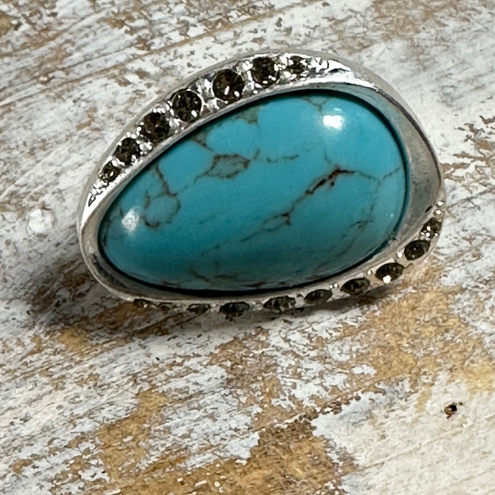 Lia Sophia Faux Turquoise Marcasite Teardrop Statement Ring Size 6 Silver Tone